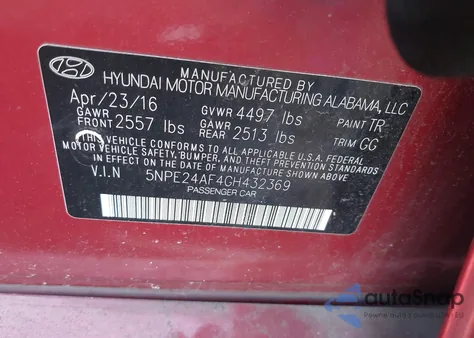 2016 Hyundai Sonata Se from USA, damaged, VIN 5NPE24AF4GH432369